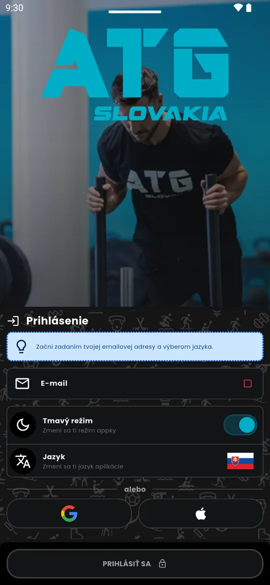 Prihlásenie do aplikácie ATG Slovakia v tmavom režime