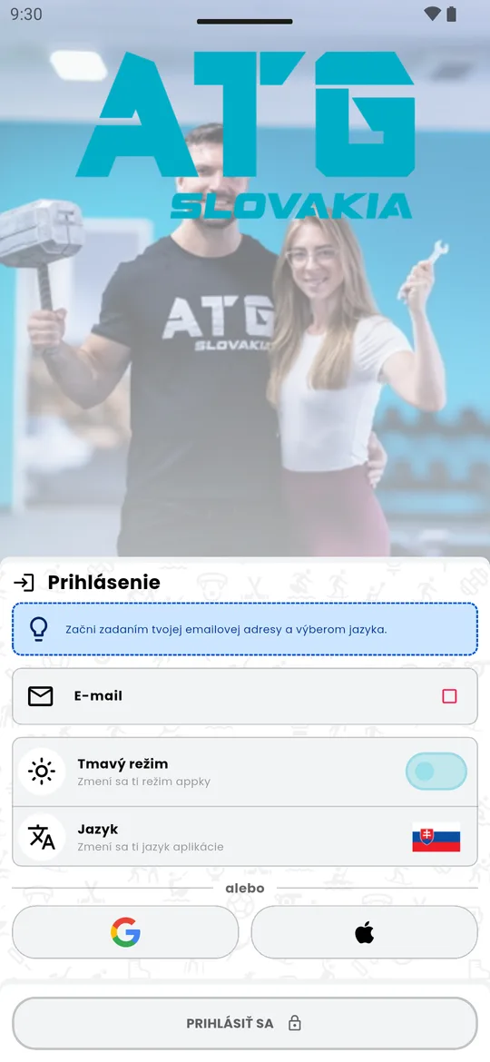 Prihlásenie do aplikácie ATG Slovakia vo svetlom režime